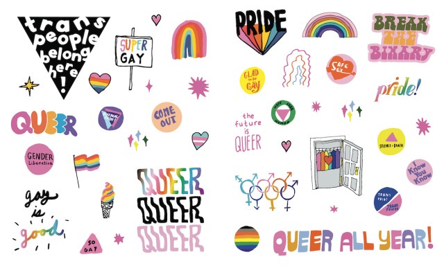 Interior spread from "The Big Book of Queer Stickers" showing stickers featuring a variety of queer slogans and declarations